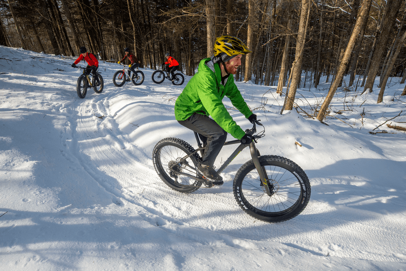 Two people facing away from the cameras standing on bikes with fat tires admiring a mountain view in the winter.