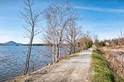 A lake seen from the side of a trail in the late fall on a sunny day.