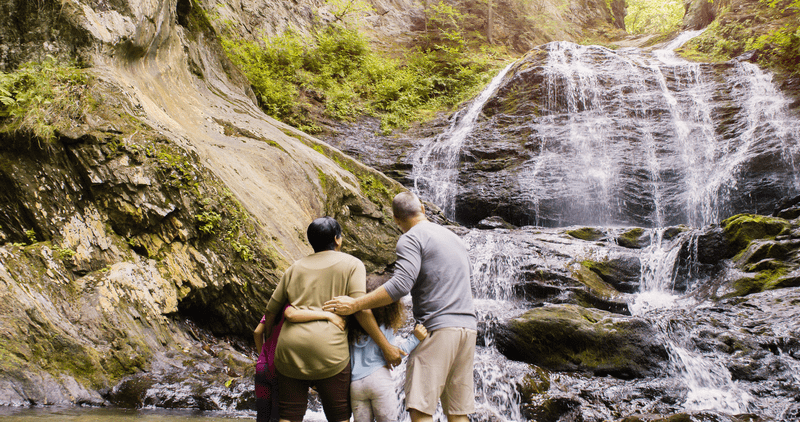 Four people wade in shallow water at the base of a waterfall.