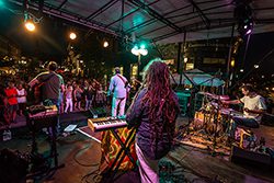 Seen from behind, a band plays on a stage to a crowd of people.