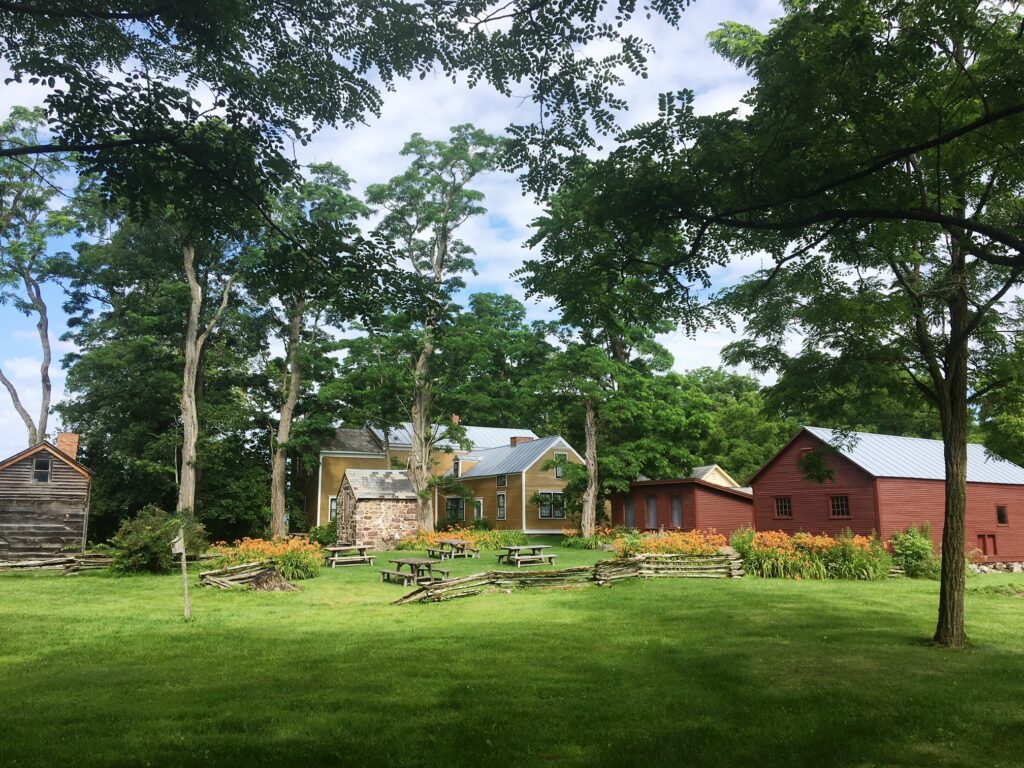 Several buildings are nestled among trees and plank fences on a warm, sunny day.