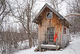 A small wood building in a forest as it snows.